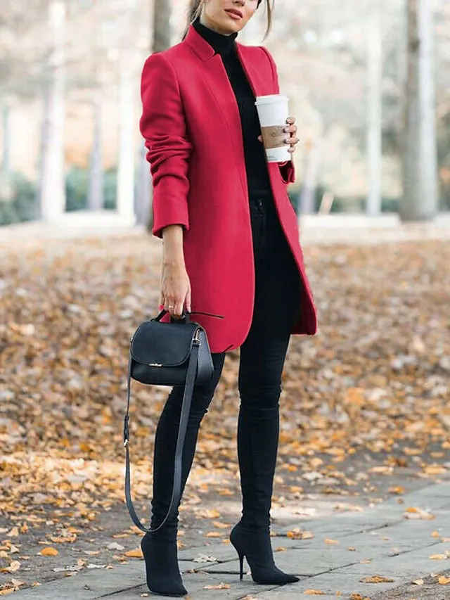 Women's Pea Coat Winter Coat Open Front Stand Collar Trench Coat Fall Warm Windproof Overcoat Christmas Jacket caramel colour