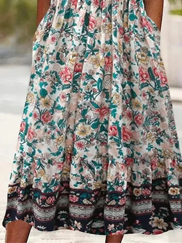 Women's Casual Dress Summer Dress Boho Dress Floral Ruched Pocket Crew Neck Midi Dress