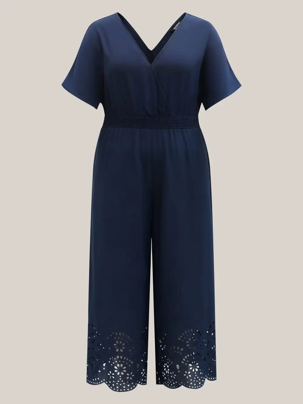 Laser-Cut Hem Shirred Wide-Leg Jumpsuit