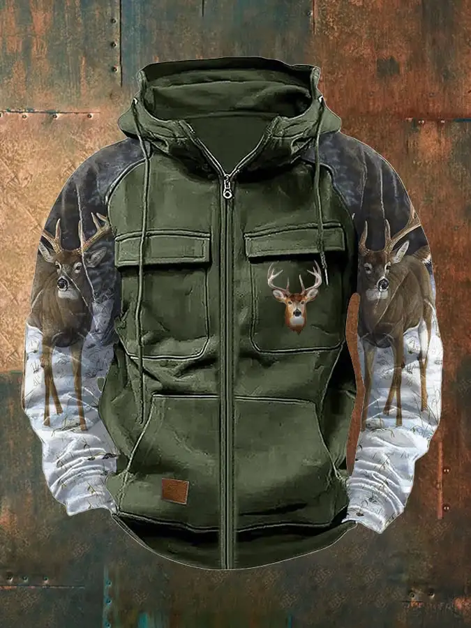 Men's Vintage Western Deer Print Multi-Pocket Jacket