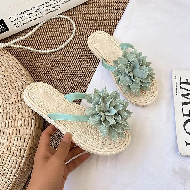 Women's Slippers Boho Bohemia Beach Outdoor Slippers Beach Slippers Outdoor Beach Solid Color Flower Flat Heel Elegant Casual PVC Loafer Black Pink Green