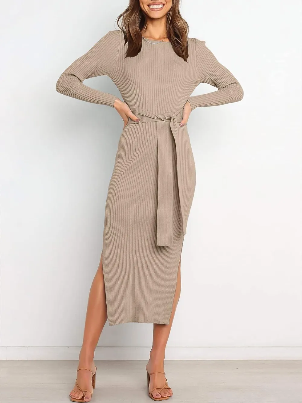Long Sleeve Sweater Dress Crew Neck Slim Fit Slit Tie Waist 2024 Ribbed Knit Bodycon Midi Dress Fall Outfits