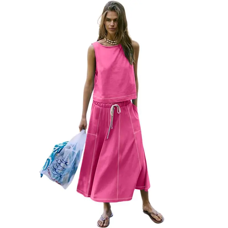 Women's Two-Piece Summer Skirt Set – Sleeveless Crop Top & Elastic Waist Maxi Skirt with Pockets