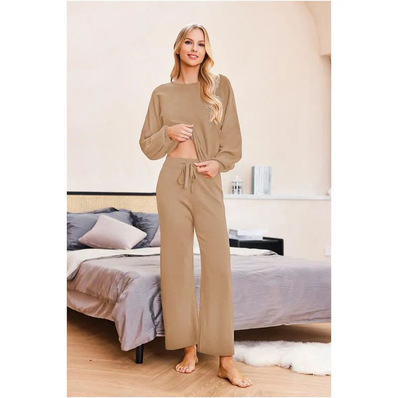 Womens Fall Winter Casual Solid Knitted 2 Piece Sets Long Sleeve Hoodie