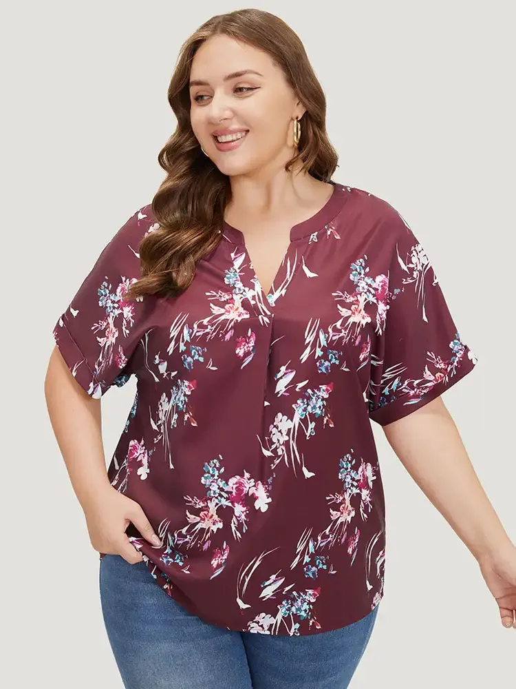 Floral Roll Batwing Sleeve Notched Neck Blouse
