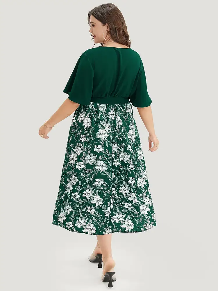 Floral Patchwork Pocket Belt Surplice Neck Ruffle Hem Dress