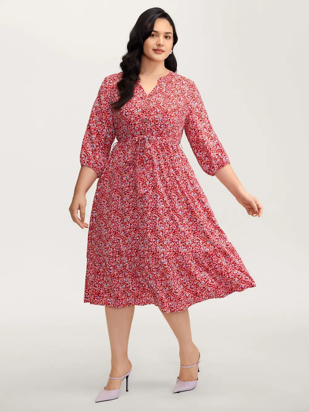 Floral Print Belted Waist Midi Dress