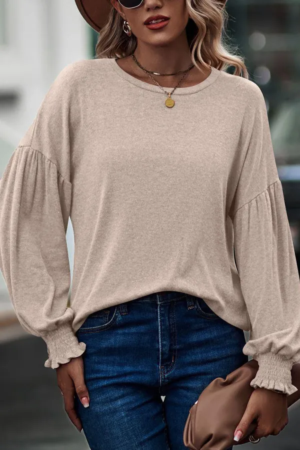 Smocked Bell Cuffs Long Balloon Sleeve Pullover