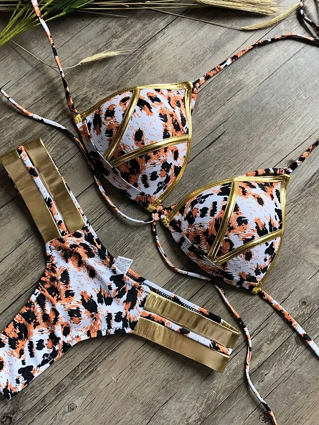 Women's Swimwear Bikini 2 Piece Normal Swimsuit Open Back Cut Out Sexy Leopard Color Block Leopard Print Black Pink Wine Dusty Rose Camisole Strap Bathing Suits New Vacation Sexy