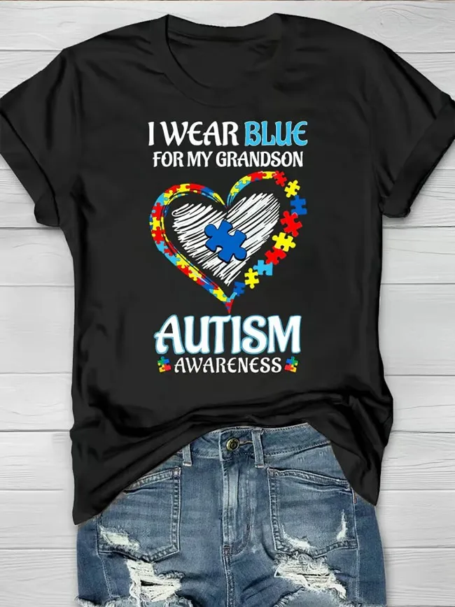 Women'S T-Shirt Women Wear In April To Raise Awareness Of Autism Round Neck Cotton Short Sleeve