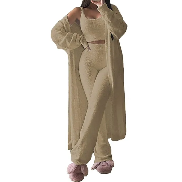 Women's Loungewear Sets Fluffy Fuzzy Sweatsuit 3 Pieces Pajama Pure Color Warm Fashion Simple Party Home Street Fleece Crew Neck Sleeveless Crop Top Pant Elastic Waist Winter Fall Black Camel