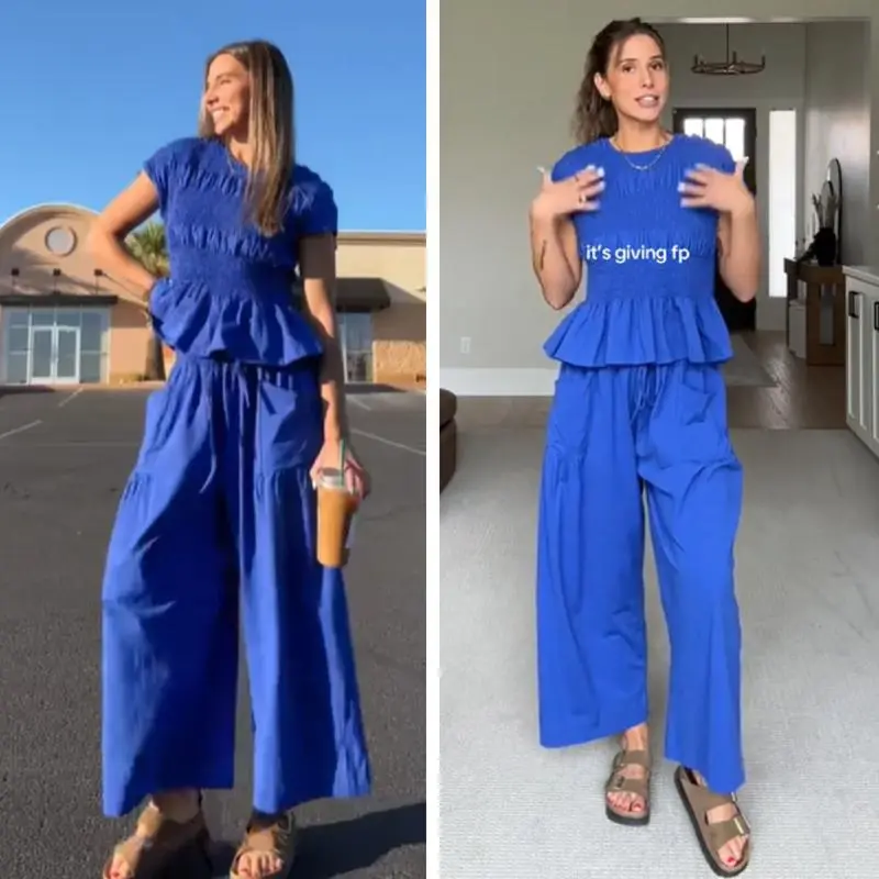 Women's 2-Piece Smocked Top & Wide-Leg Pants Lounge Set with Pockets