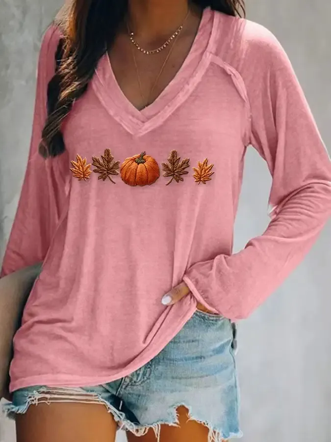 Women's Autumn Maple Leaf Pumpkin Print Long Sleeve T-Shirt