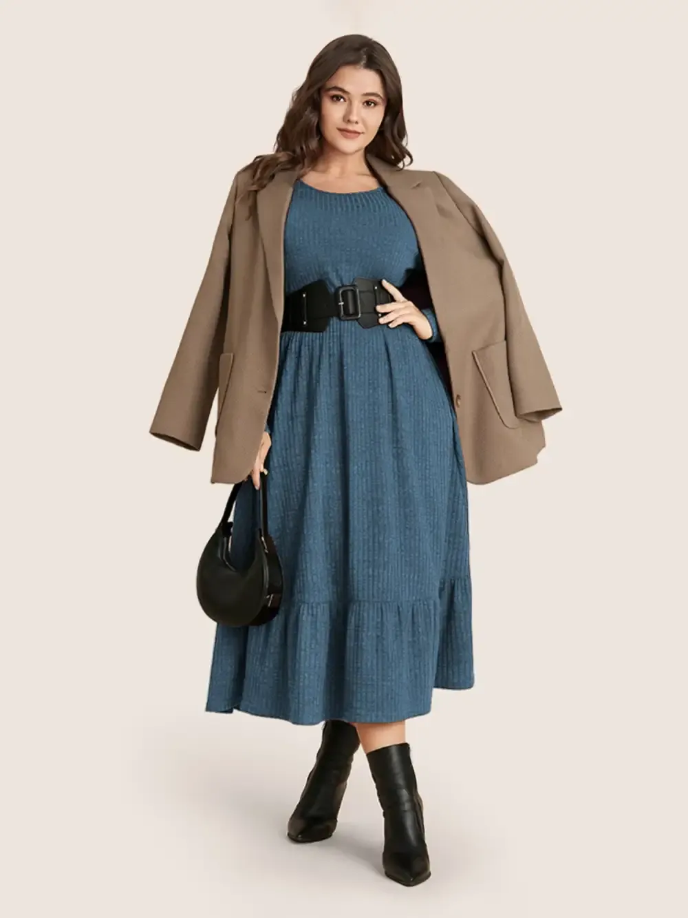 Solid Pocket Rib Knit Ruffle Hem Dress Without Belt