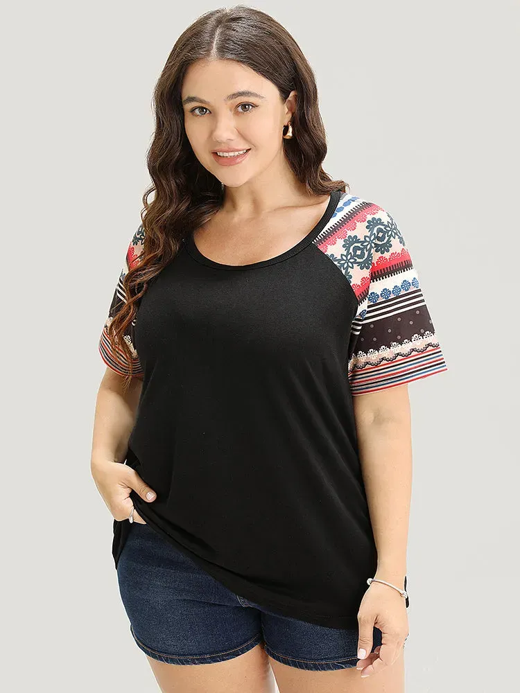 Striped Contrast Raglan Sleeve Round Neck T-shirt