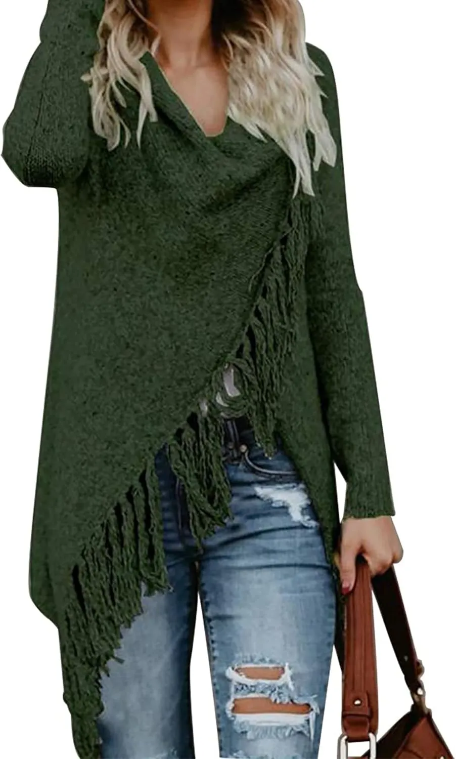 Women's Tassel Hem Sweater Long Cardigan Knitwer Pullover Poncho Coat