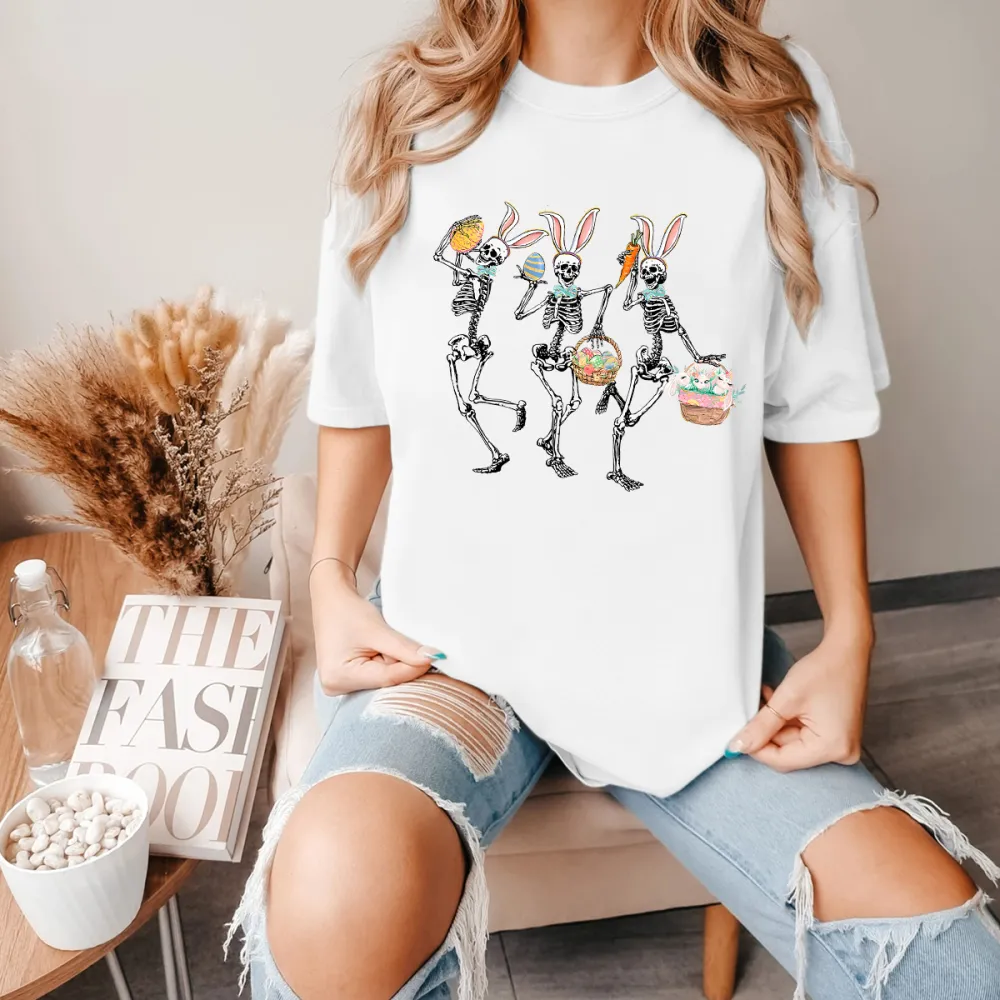 Happy Easter With Skull Printed Round Neck Short Sleeve T-Shirt