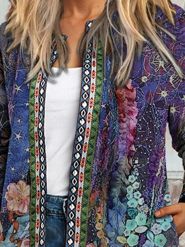 Women's Casual Jacket Floral Print Fall Winter Regular Coat Regular Fit Casual Baroque Jacket Long Sleeve Blue Daily Holiday