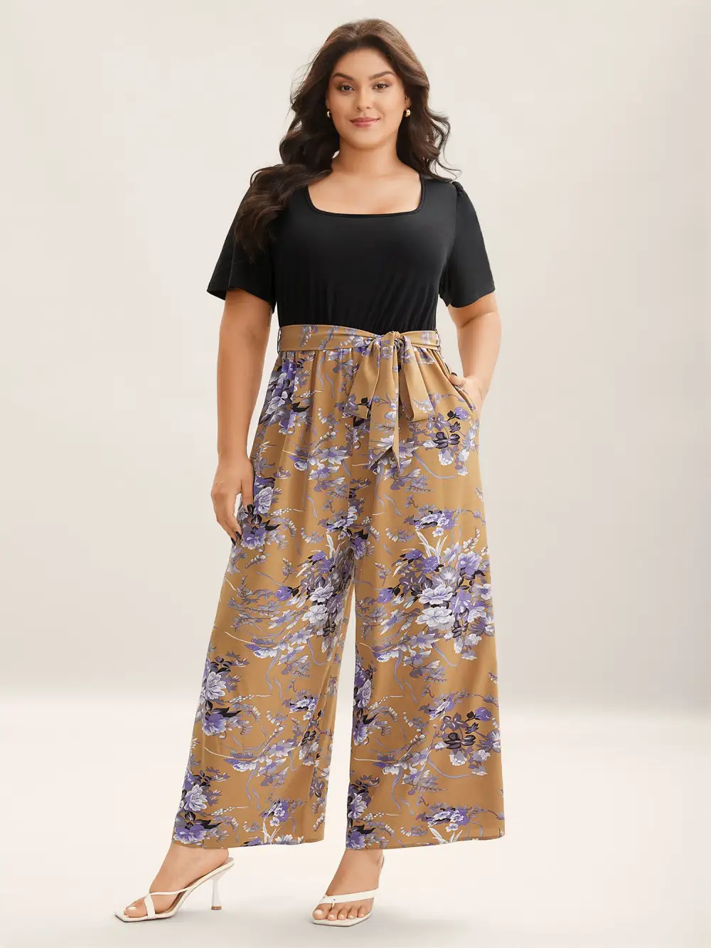 Color Contrast Belted Panel Pockets Jumpsuit