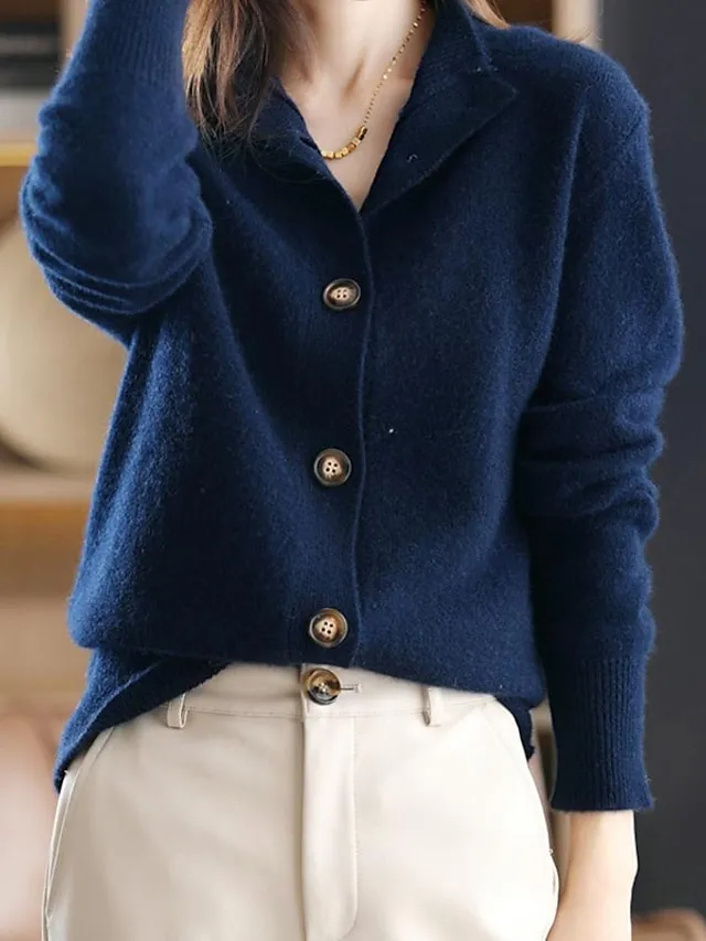 Women's Cardigan Sweater Stand Collar Knit Button Knitted Fall Winter Outdoor Home Daily Stylish Basic Casual Long Sleeve Pure Color Camel Brown