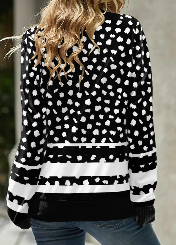 Black Drawstring Geometric Print Long Sleeve Cowl Neck Sweatshirt