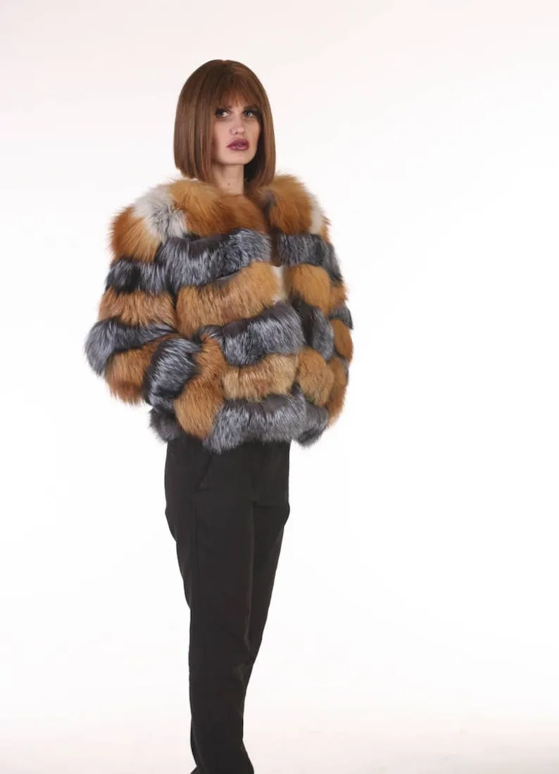 Red and Silver Fox Fur  Jacket