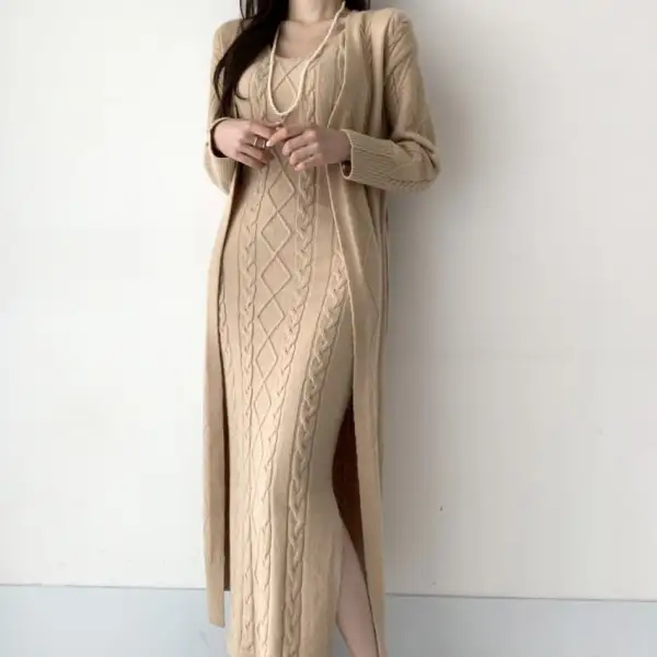 2023 Fashion Women Sweater Suits - Solid Color Long Cardigan Sweater + Knitted Suspender Dress Two-Piece Sets