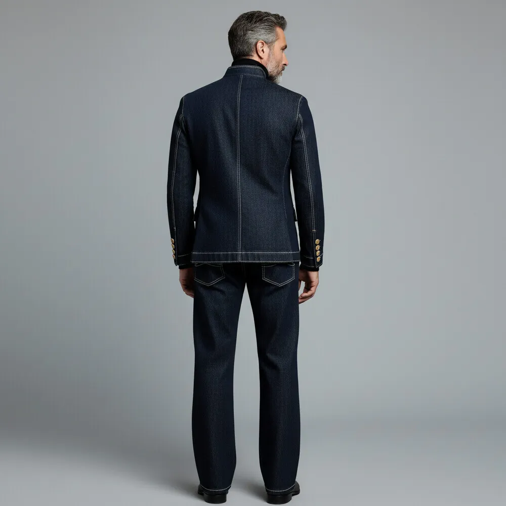 Men's Black Stand Collar Double Breasted Long Sleeve Denim Jacket & Straight Leg Jeans 2Pcs Set