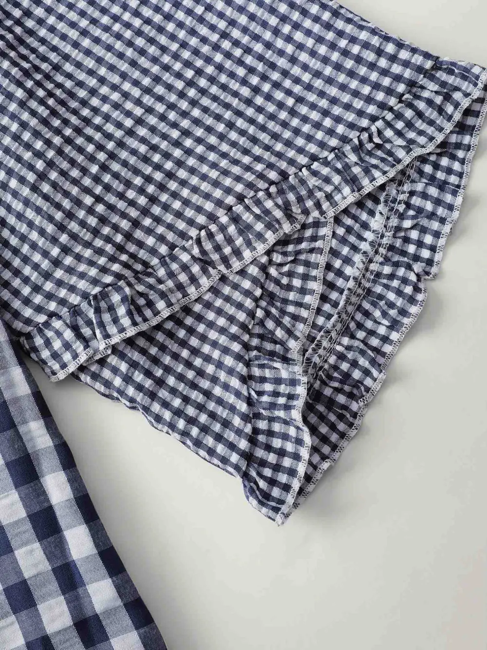 Checkered Print Flared Overlap Sleeve Blouse