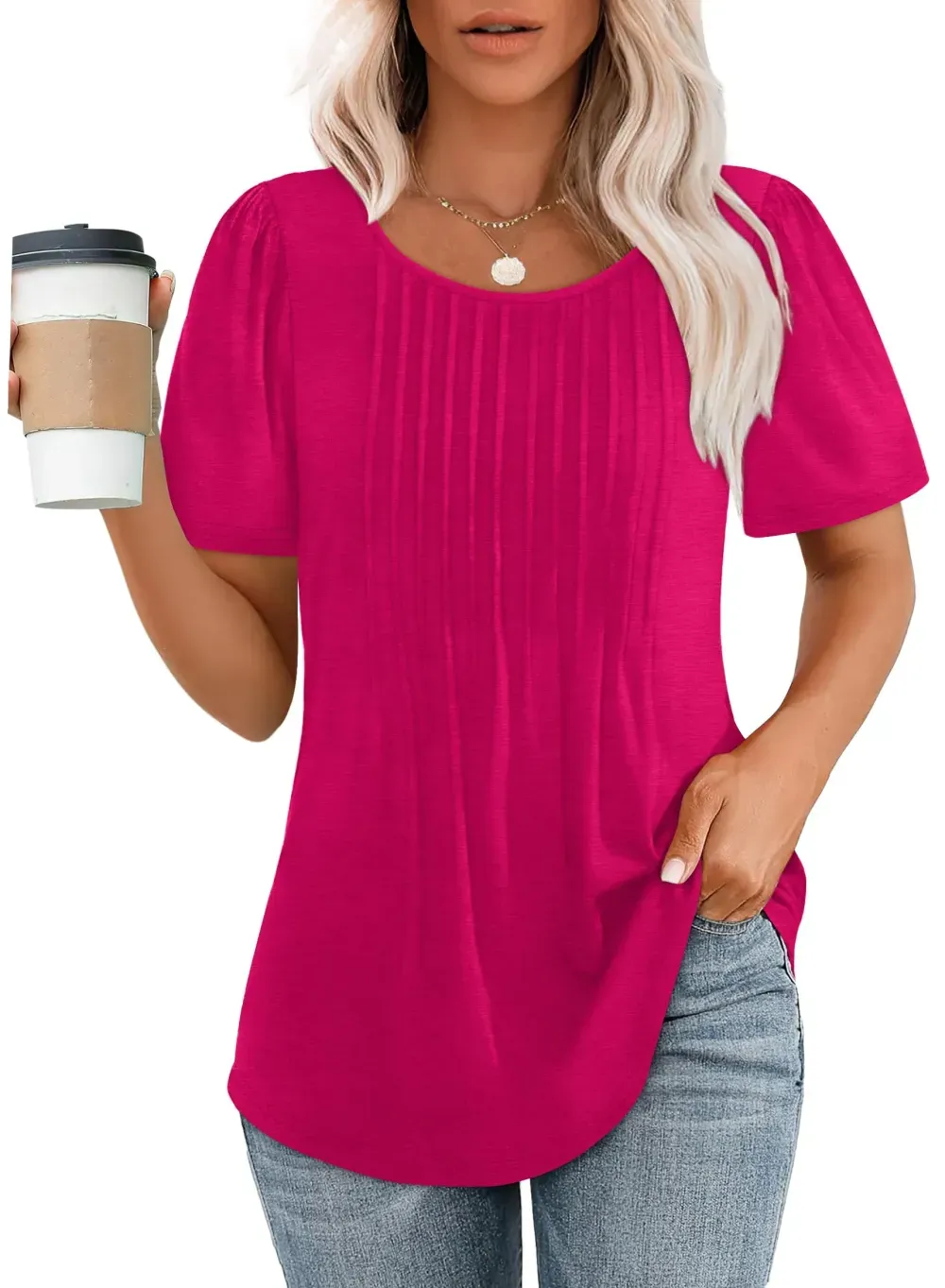 📣Women Summer Pleated Short Sleeve Tunic Blouses Tops