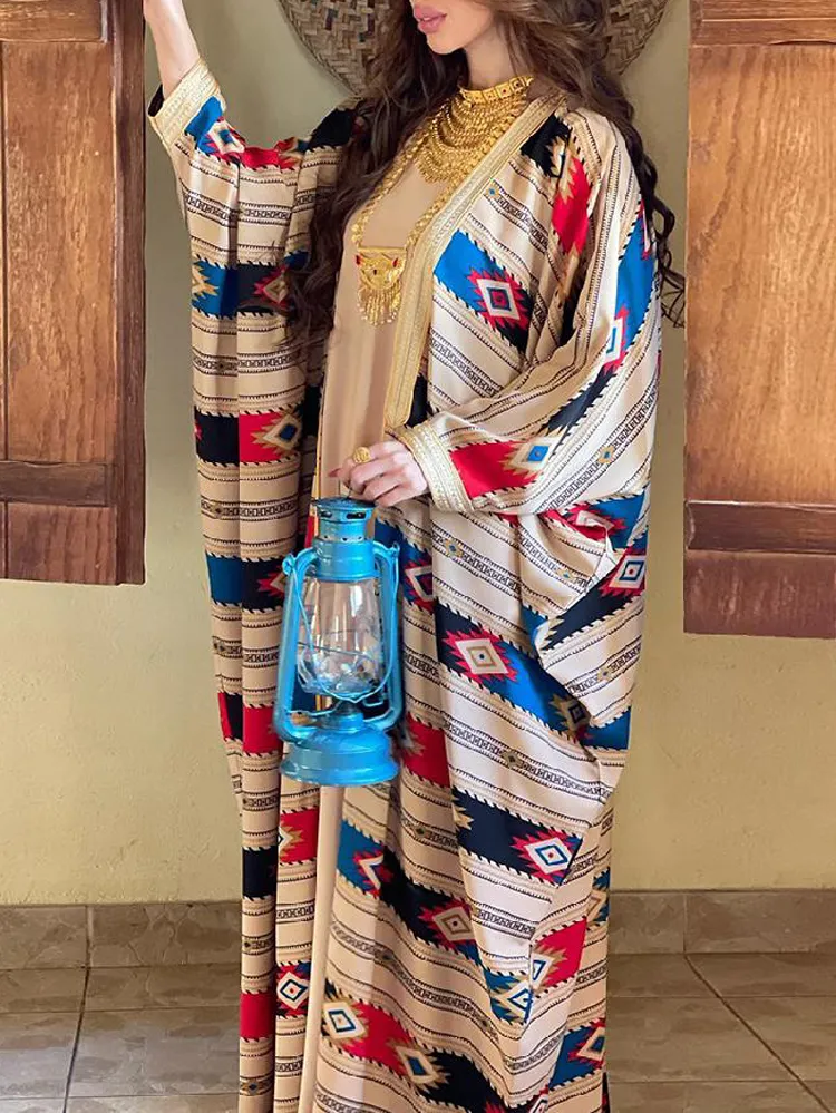 Fashion Stripe Bat Sleeve Tank Top Dress Coat Two Piece Set