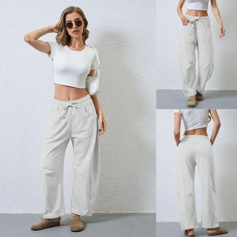 Women's Cotton Barrel-Leg Sweatpants (Drawstring Waist, Pockets)