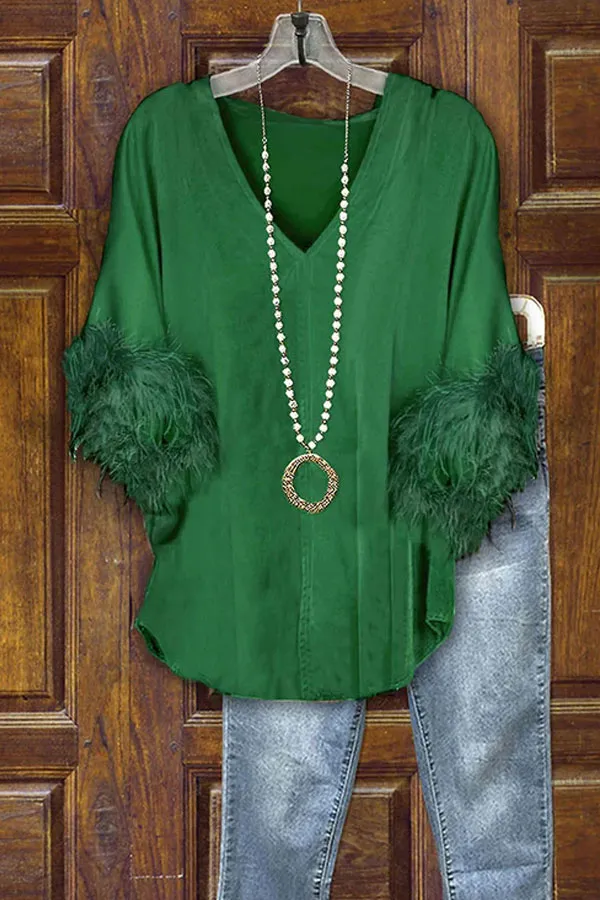 Solid Velvet Feather Design V-Neck Top