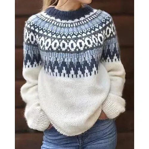 Women's Sweater Fair Isle Sweater Pullover Casual Soft Floral Ribbed Crew Neck Knitted Print Long Sleeve Regular Tops Knit Outdoor Daily Holiday Red Blue Fall Winter
