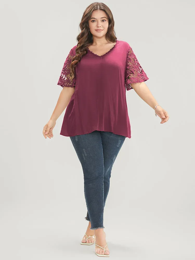 Plain V Neck Floral Patchwork Blouse