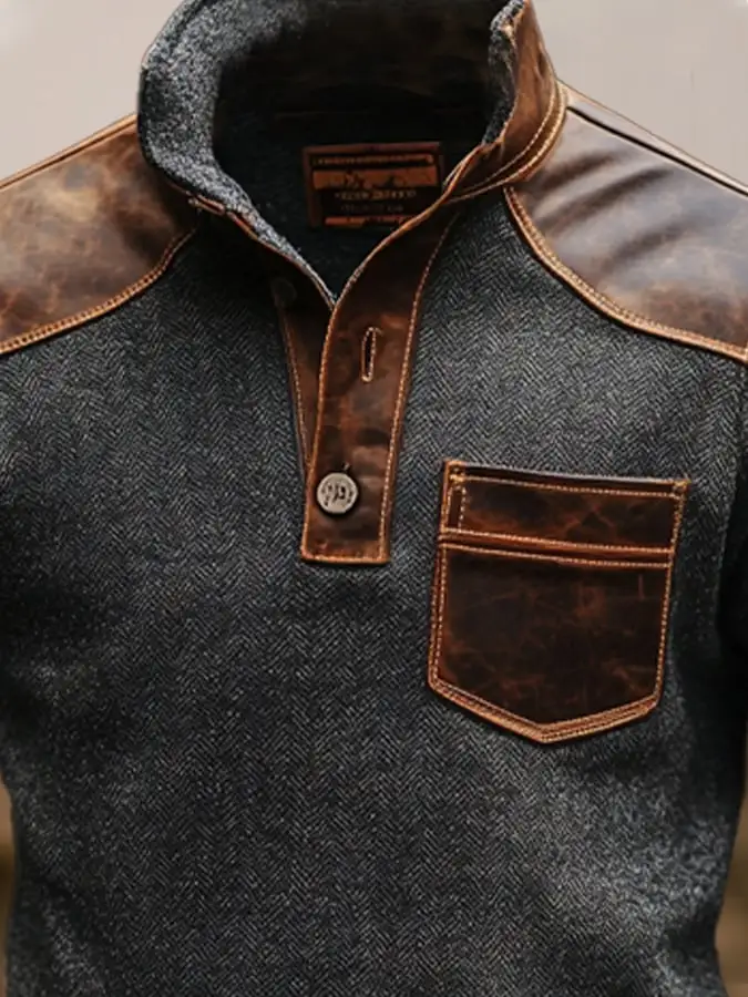 Men's Vintage Herringbone Leather Button-Down Stand Collar Long Sleeve Top