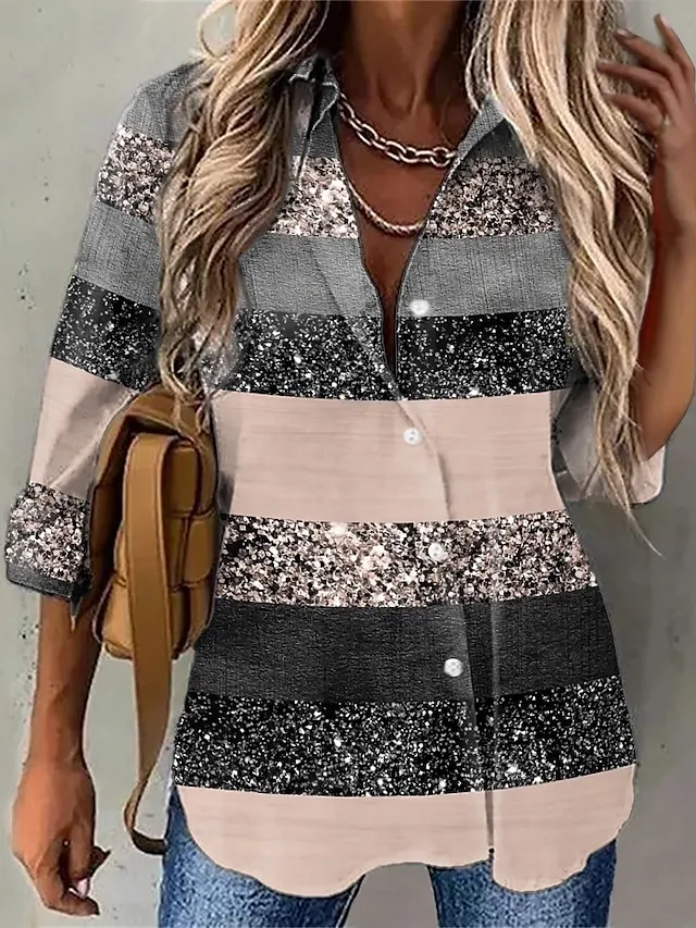 Women's Shirt Blouse Pink Blue Purple Graphic Striped Button Print Long Sleeve Daily Weekend Streetwear Casual Shirt Collar Regular S