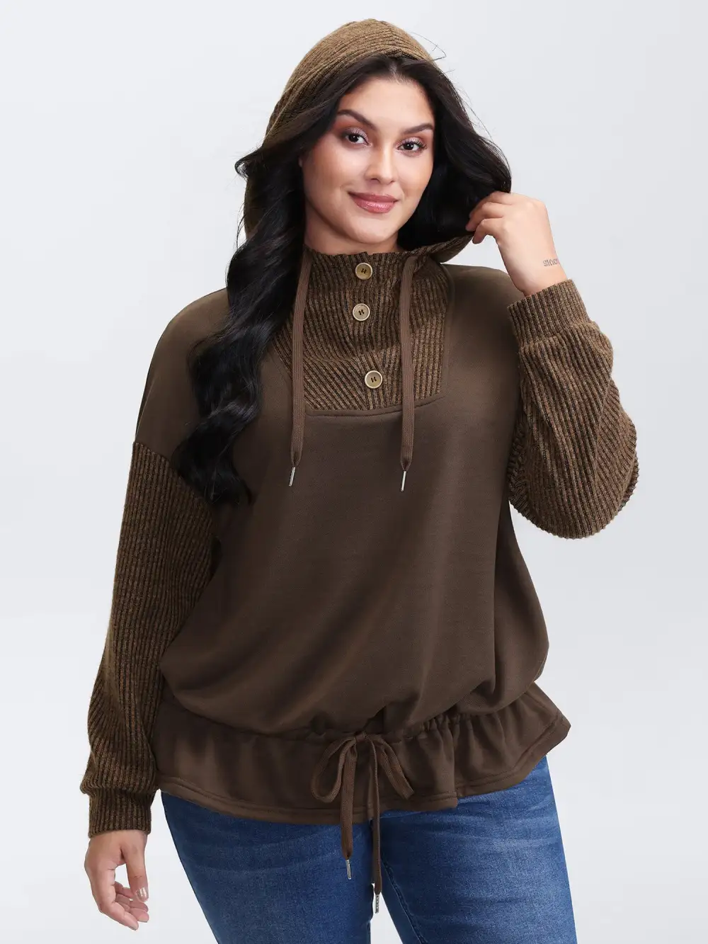 Drawstring Mixed Material Button Hoodie