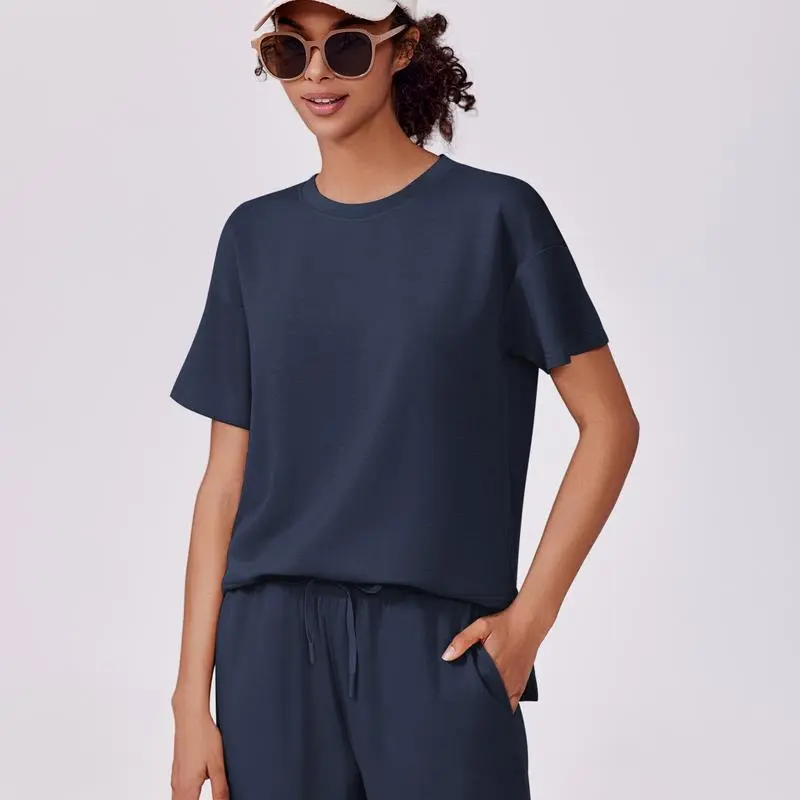 2 Piece Tracksuit for Womenswear Soft Short Sleeve Outdoor Wide Adjustable Leg Pockets Pants Lounge Matching Travel