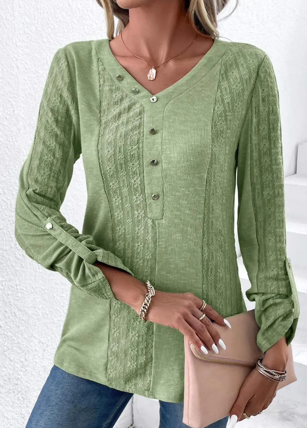 Sage Green Patchwork Long Sleeve V Neck Blouse