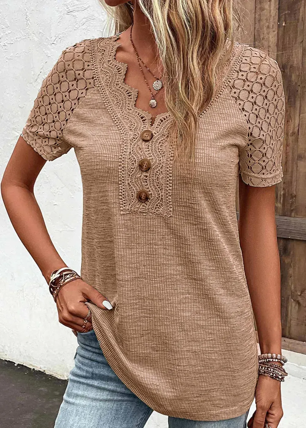 Dark Camel Lace Short Sleeve T Shirt