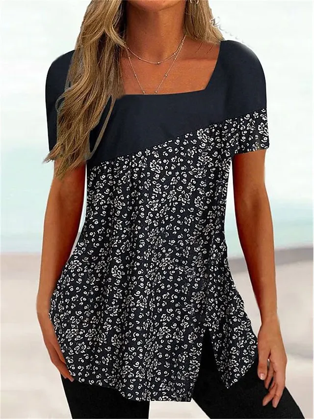 Women's T shirt Tee Black White Pink Floral Striped Print Short Sleeve Casual Holiday Tunic Basic Square Neck Regular Floral Plus Size L