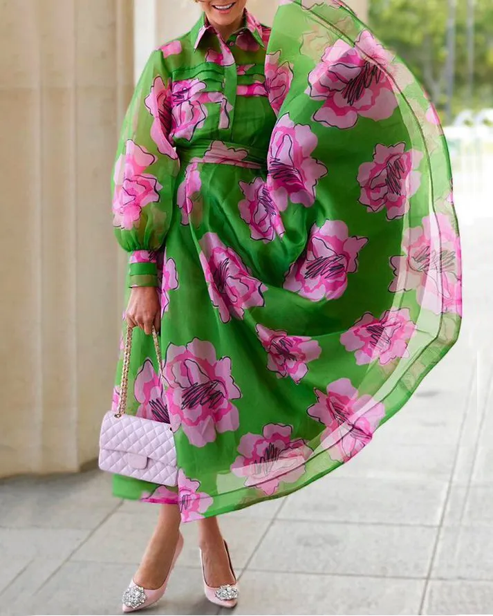 Vacation Shirt Collar Floral Dress