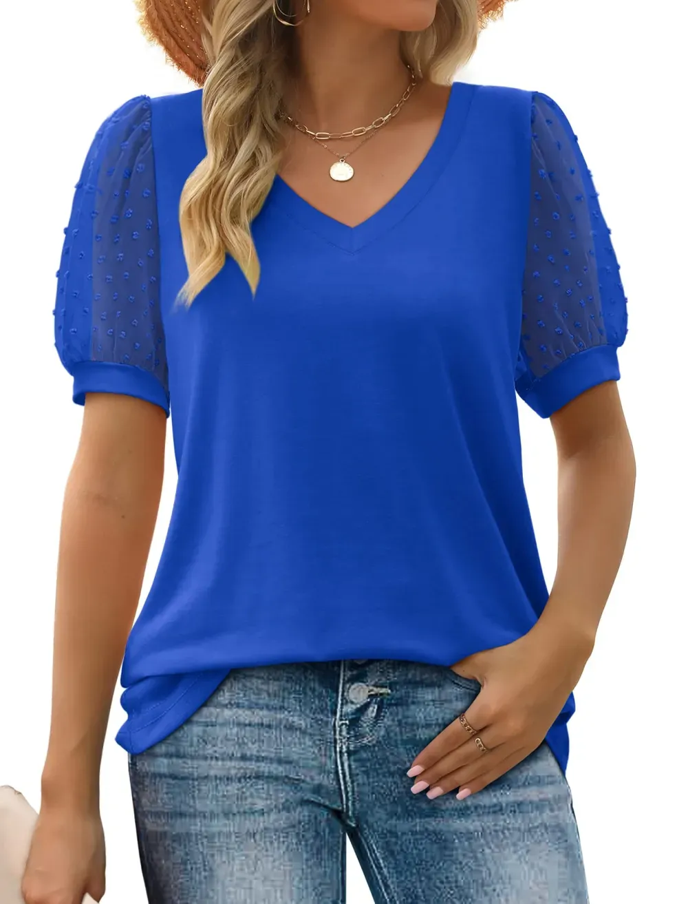 ✨New Women's Summer V Neck T Shirts Swiss Dot Puff Sleeve Tops