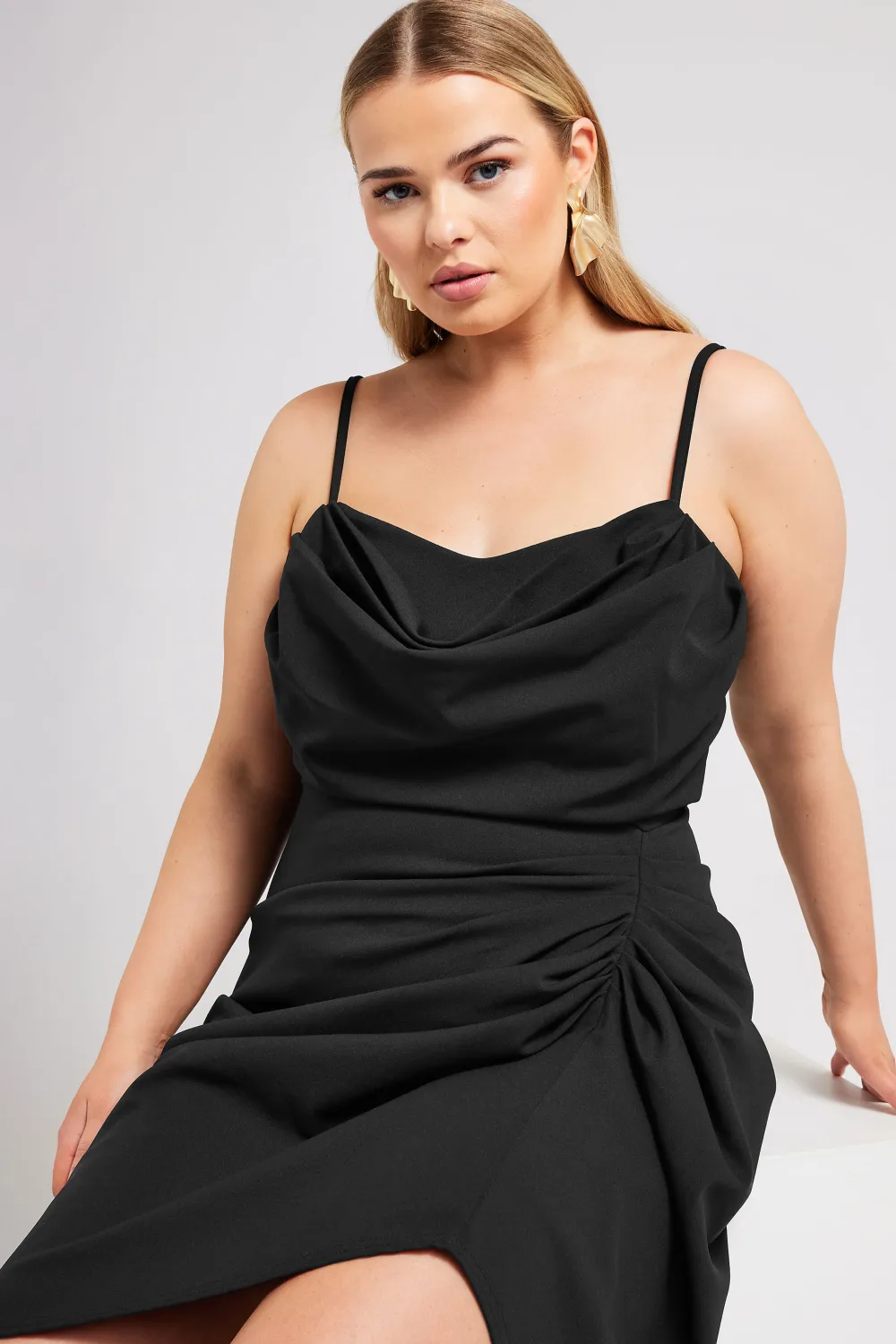 YOURS LONDON Curve Black Cowl Neck Gathered Dress