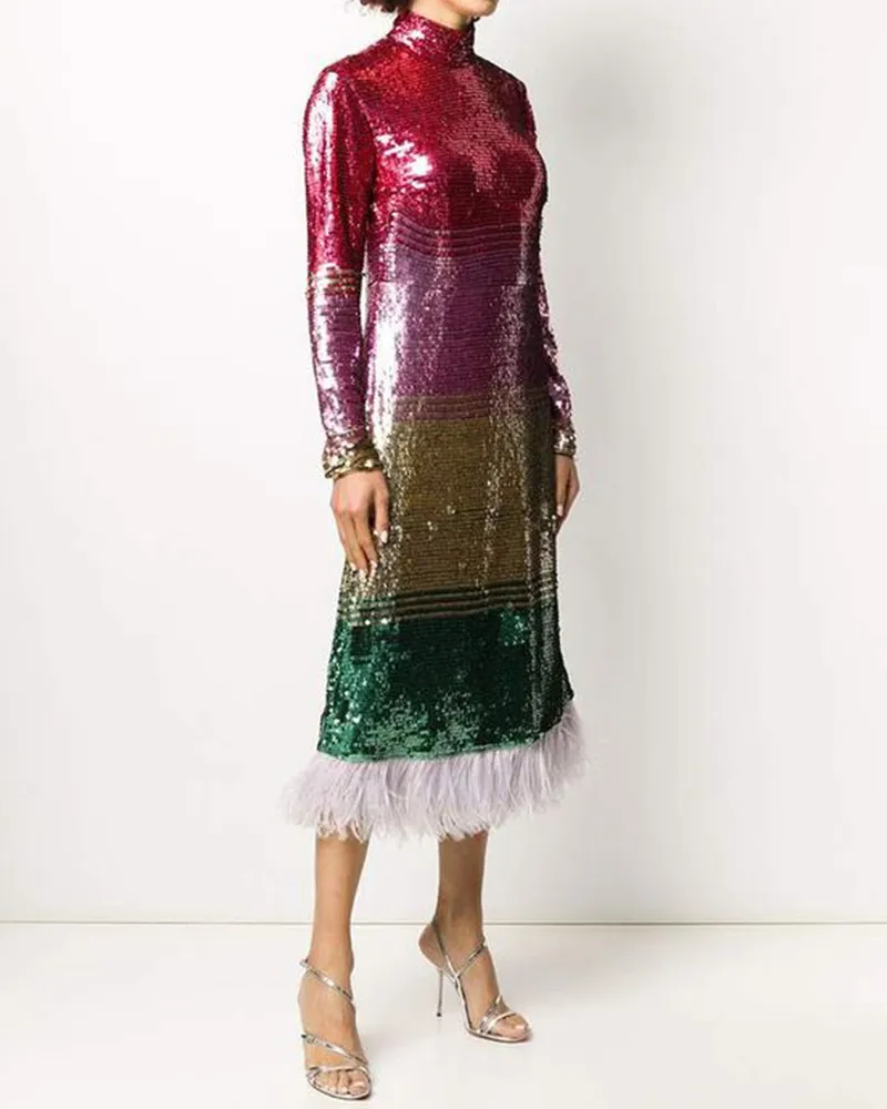 Feather sequined multicolor dress