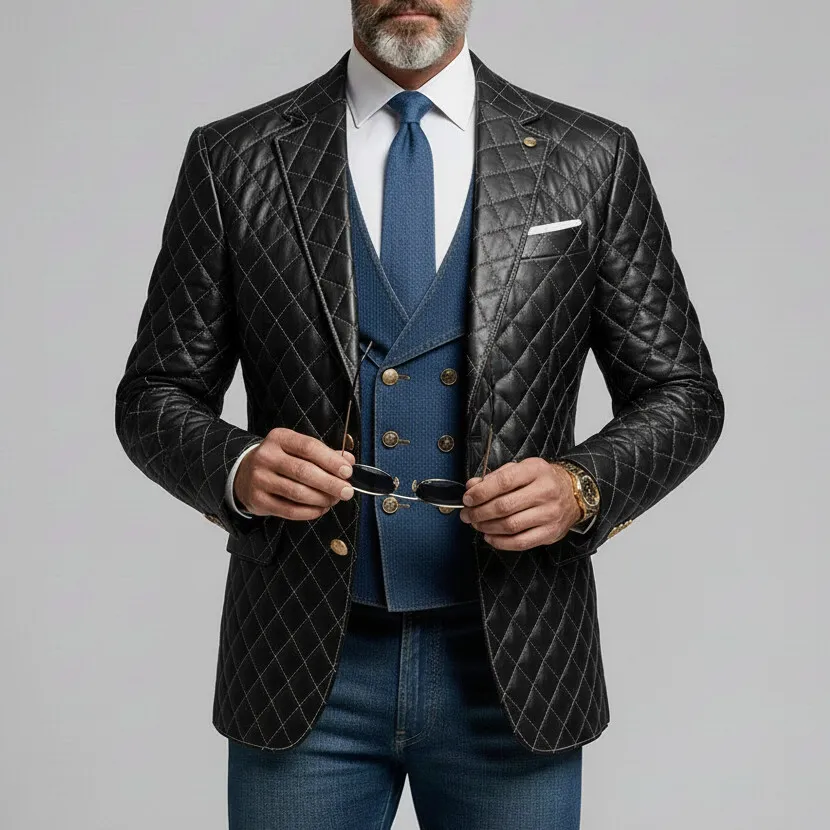 Men's Business Black Notch Lapel Long Sleeve Button Quilted PU Leather Blazer