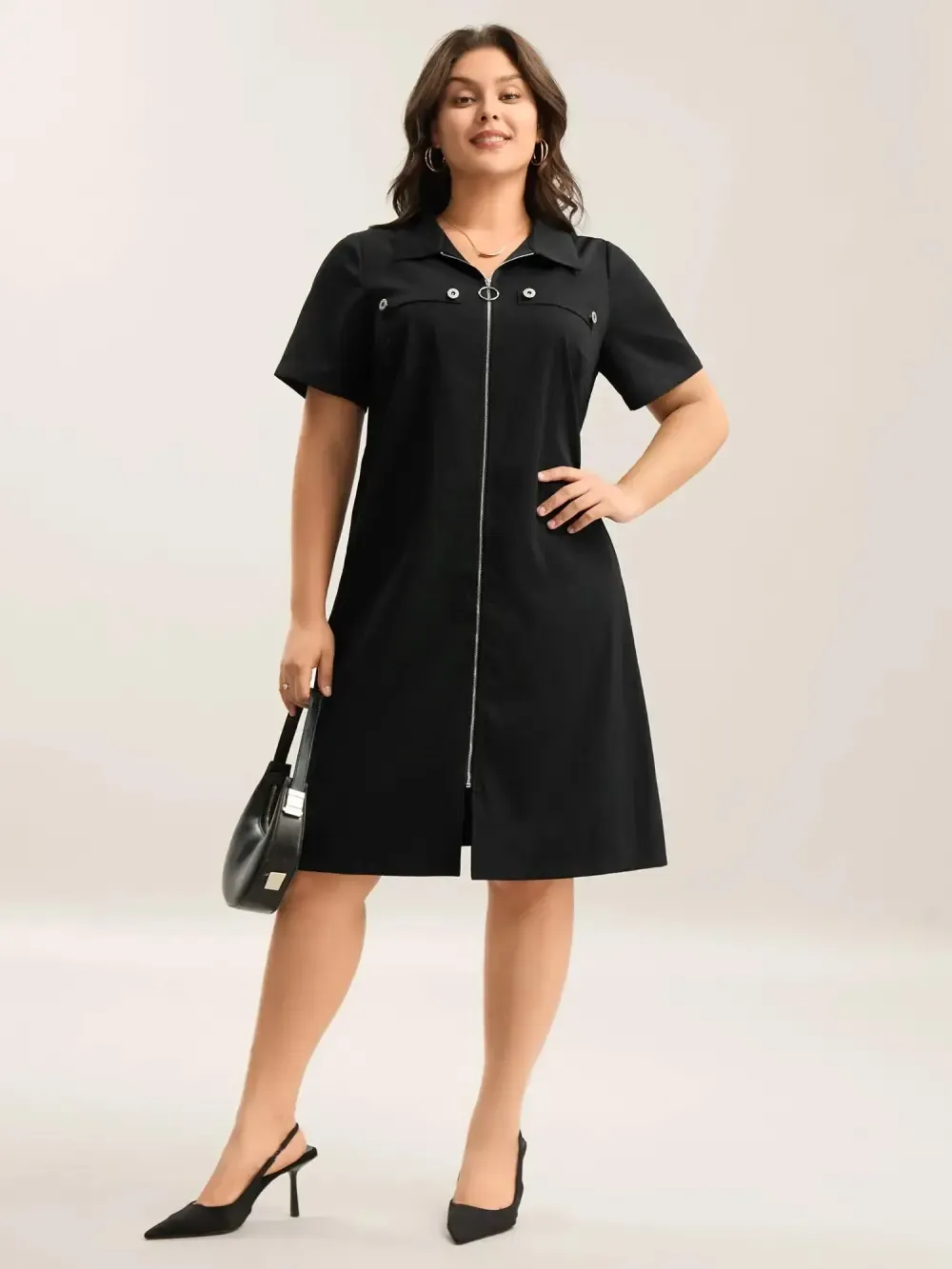 Zipper Front Chest Flaps Shirt Dress