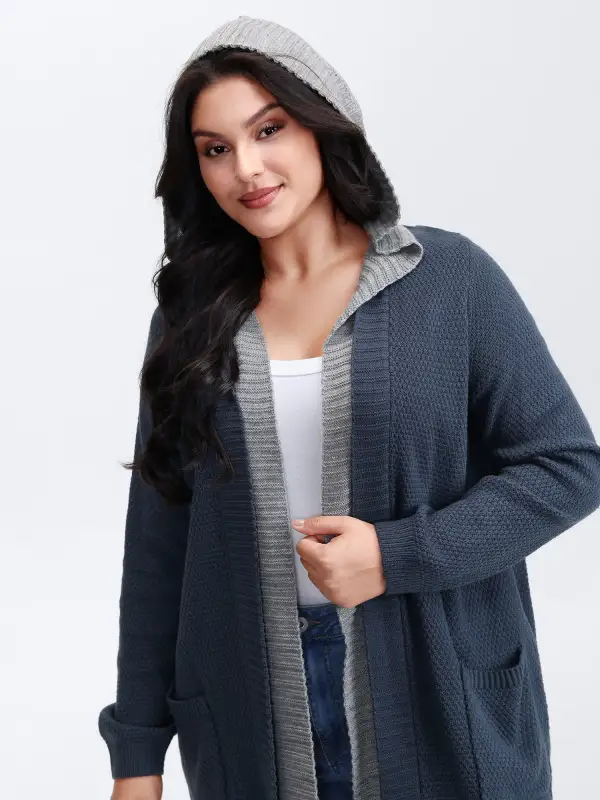 Textured Color Contrast Hooded Pocket Knit Cardigan