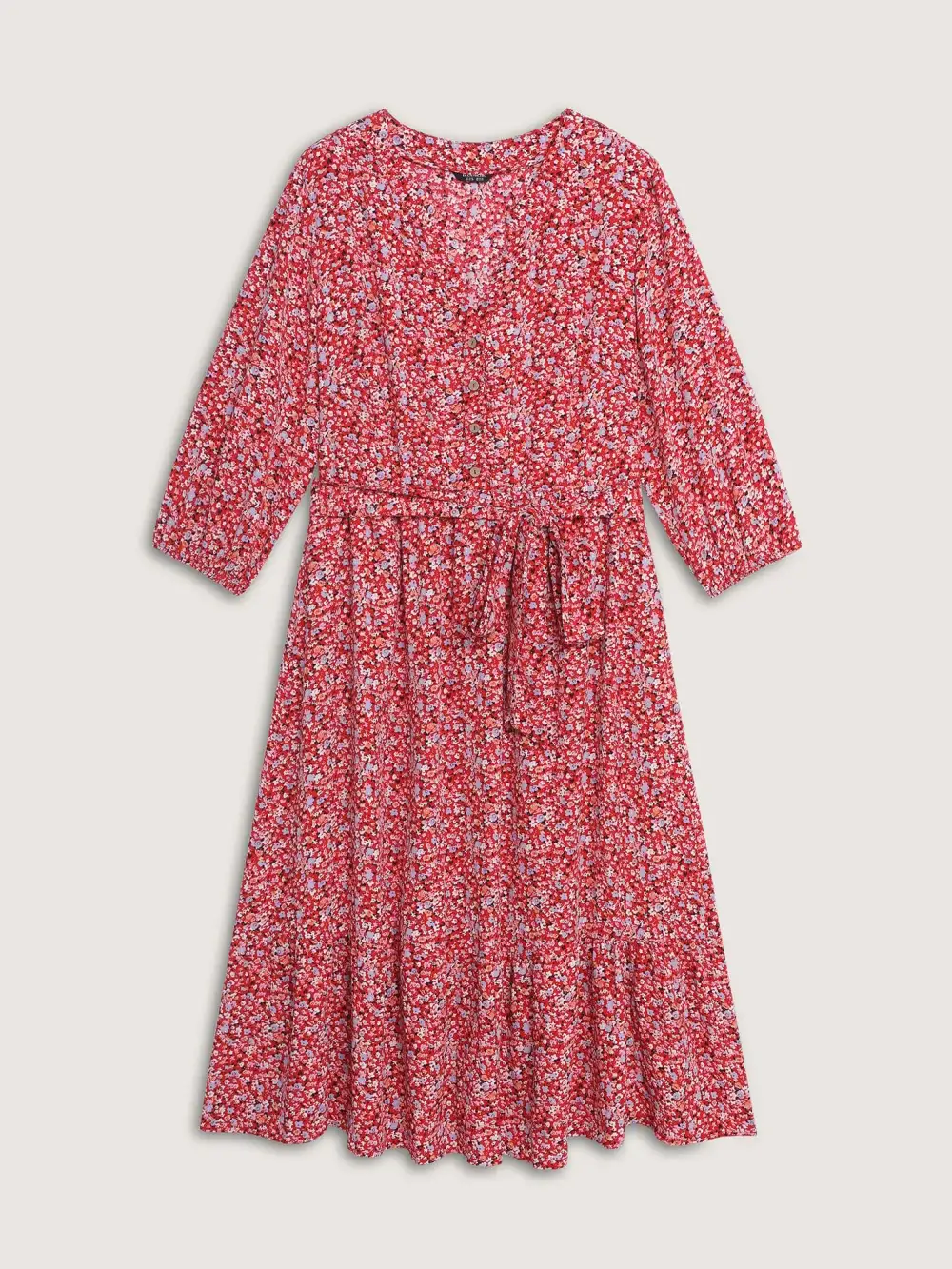 Floral Print Belted Waist Midi Dress